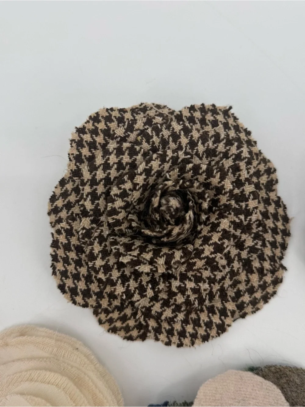 Lot of 5 Fabric Flower Brooches Plaid Houndstooth Tweed Pins Handmade Rosettes